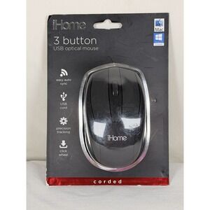 iHome 3 Button USB Optical Mouse Black Corded PC Mac NEW